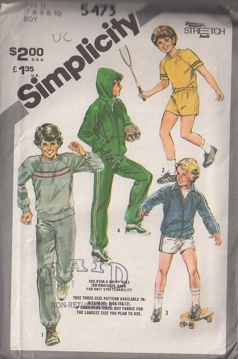 Simplicity 5473 Vintage 80's Sewing Pattern Boys' Separates, Retro Old School Gym Clothes, Raglan Sleeve Tshirt Top, Work Out Shorts, Sweat Pants, Hooded Jacket Size 8-12