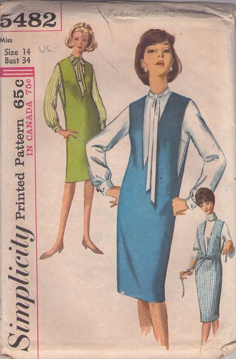 Simplicity 5482 Vintage 60's Sewing Pattern Retro Separates, Mad Men Housewife Plunging V Neckline, V Slit Armholes Jumper Dress, Tie Collar Blouse Size 14 UNCUT