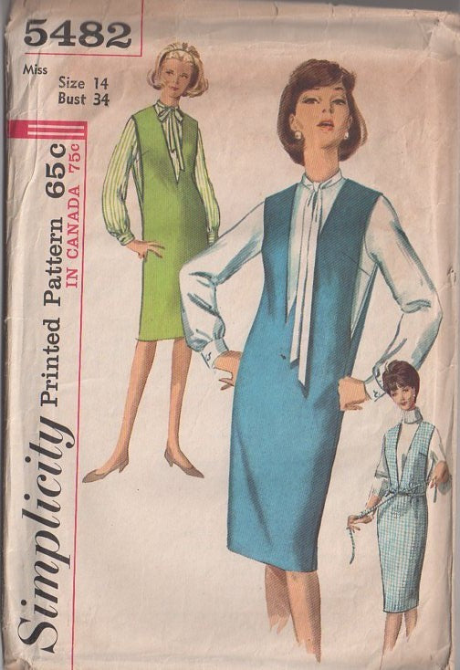 Simplicity 5482 Vintage 60's Sewing Pattern Retro Separates, Mad Men Housewife Plunging V Neckline, V Slit Armholes Jumper Dress, Tie Collar Blouse Size 14 CUT