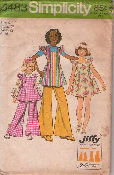 Simplicity 5483 Vintage 70's Sewing Pattern Girl's Pinafore Dress, Tie Back Top, Sundress, Bell Bottoms Flared Pants, Jiffy Size 6