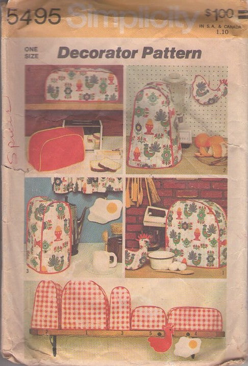 Simplicity 5495 Vintage 70's Sewing Pattern Home Crafts, Kitchen Appliance Covers Blender, Toaster, Coffee Pot, Mixer, Chicken or Fried Egg Potholder