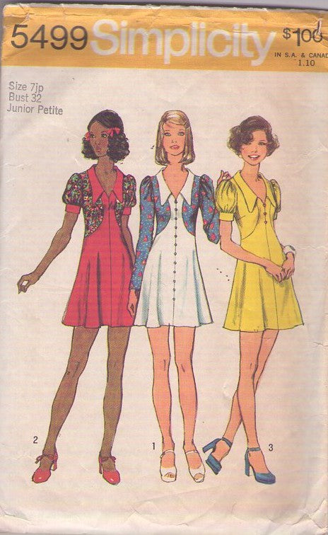 Simplicity 5499 Vintage 70's Sewing Pattern Mod Mini Dress, Brady Bunch Styles, Shaped Sides, Contrast Sleeves, Mini Dress Set 3 Styles Size 7JP