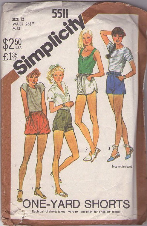 Simplicity 5511 Vintage 80's Sewing Pattern Easy Shorts, One Yard, BEST 80s Summer Set Bubble Leg, Gym, Cuffed, Drawstring Size 12