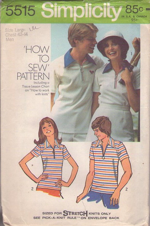 Simplicity 5515 Vintage 70's Sewing Pattern Sports Shirts, Easy Pullover Tennis, Disco Era Polo Shirt Size L