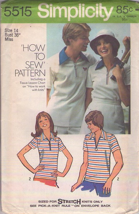 Simplicity 5515 Vintage 70's Sewing Pattern Sports Shirts, Easy Pullover Tennis, Disco Era Polo Shirt Size 14