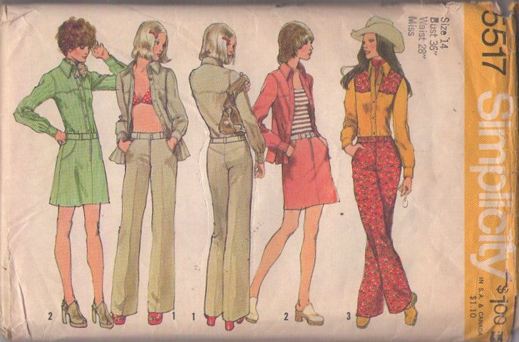 Simplicity 5517 Vintage 70's Sewing Pattern Western Separates, Disco Cowboy, Yoked Shirt Jacket Blouse, Hip Hugger Flared Pants, Fly Front Skirt Size 14
