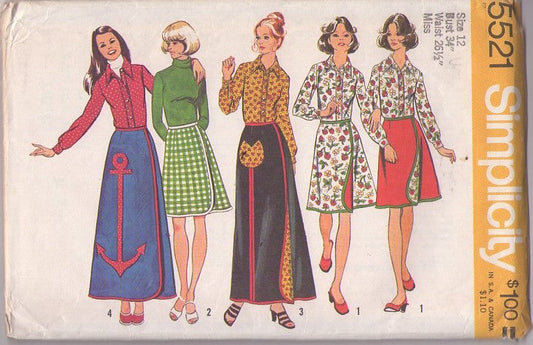 Simplicity 5521 Vintage 70's Sewing Pattern Hippie 2 Piece Dress, Flower Power, Reversible Front Wrap Around Skirt with Anchor or Tulip Applique, Collared Blouse Set Size 12