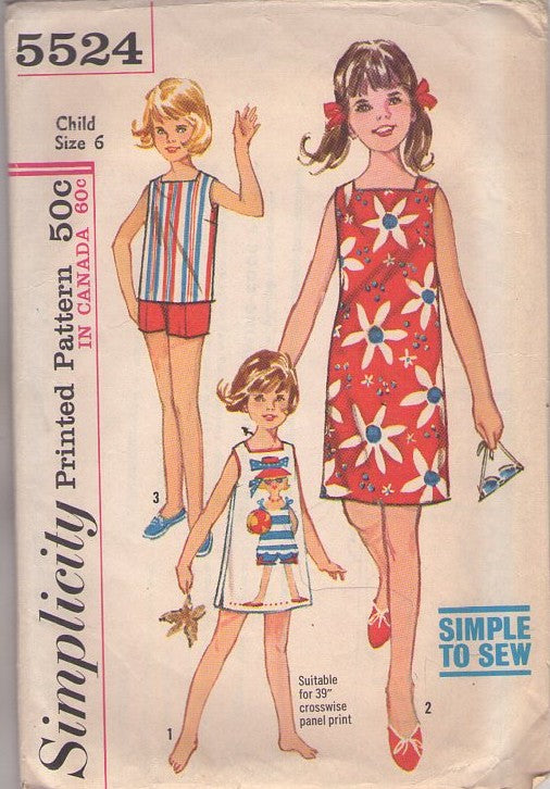 Simplicity 5524 Vintage 60's Sewing Pattern Girl's Summer Set, Simple to Sew Square Neck Shift Beach Dress, Blouse, Shorts, Suitable for Panel Print Novelty Fabrics Size 6