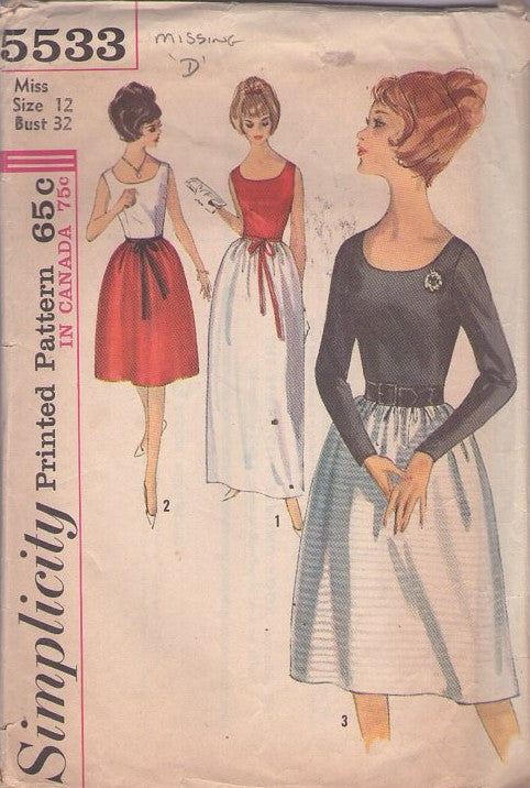 Simplicity 5533 Vintage 60's Sewing Pattern Retro 2 Piece Dress, Red Carpet Contrast Fitted Top, Bell Shaped Skirt Evening Gown, Cocktail Party Dress, 3 Styles Size 12