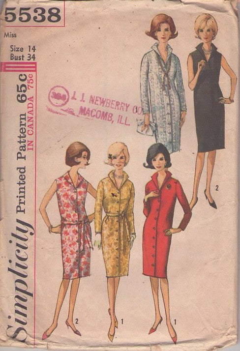 Simplicity 5538 Vintage 60's Sewing Pattern Day Dresses, Flip Up Italian Wing Collar Front Buttoned Sheath Coat Dress, Tie Belt Size 14