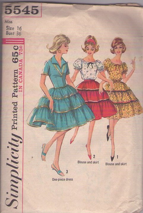 Simplicity 5545 Vintage 60's Sewing Pattern Patio Dress, Rockabilly Full Circle, Inset Lace Trim Tiered Skirt Patio Dress, Squaw Dress, Square Dance Peasant Blouse & Skirt Set Size 16 CUT