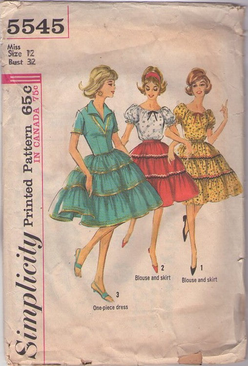 Simplicity 5545 Vintage 60's Sewing Pattern Patio Dress, Rockabilly Full Circle, Inset Lace Trim Tiered Skirt Patio Dress, Squaw Dress, Square Dance Peasant Blouse & Skirt Set Size 12 CUT
