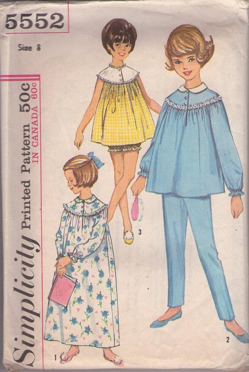Simplicity 5552 Vintage 60's Sewing Pattern Girl's Sleepwear, Modest Round Button Yoke Pajamas, Bloomers Panties, Pants & Nightgown Gown Size 8