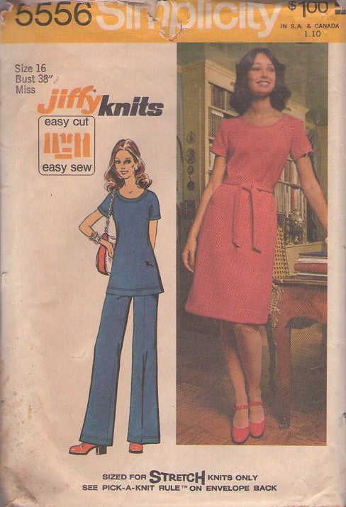 Simplicity 5556 Vintage 70's Sewing Pattern Jiffy Dress, Separates, Knits Easy Scoop Neck Tunic Top, Pants, Secretary Dress, Pantsuit Size 16