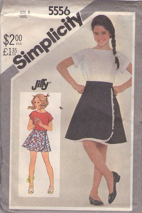 Simplicity 5556 Vintage 80's Sewing Pattern Girl's Skirts, Top, Easy JIFFY Sporty Tshirt, Eyelet Top, Apron Style Front Wrap Around REVERSIBLE Skirt Size 8
