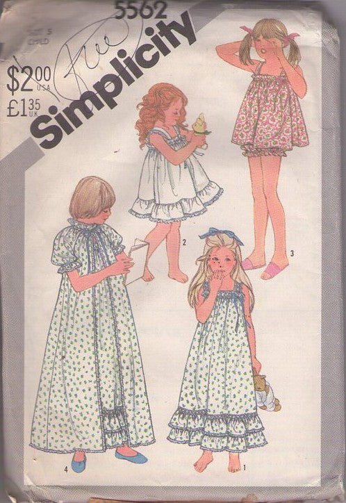 Simplicity 5562 Vintage 80's Sewing Pattern Girl's Sleepwear, Modest Farmcore Sundress, Dress, Shortie Pajamas Summer Top, Bloomers Panties, Ruffled Nightgown, Duster House Coat Robe Size 5
