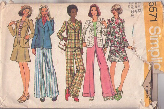 Simplicity 5571 Vintage 70's Sewing Pattern Disco Pantsuit, Annie Hall Fitted Blazer Suit Jacket, Wide Leg Cuffed Trousers, A-Line Skirt Size 12