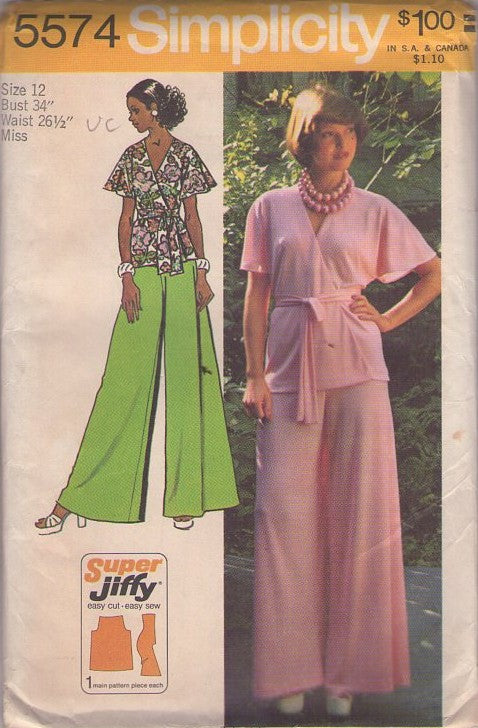 Simplicity 5574 Vintage 70's Sewing Pattern Disco Pantsuit, Wrap Around, Butterfly Flutter Sleeve Blouse Top, Wide Palazzo Leg Pants Size 12