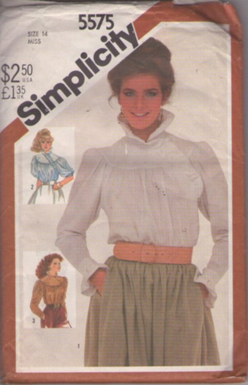 Simplicity 5575 Vintage 80's Sewing Pattern Cottagecore Shirts, Prairie Blouse, Ruffle Neck, Asymmetric Buttons, Puffy Sleeves 3 Styles Size 14