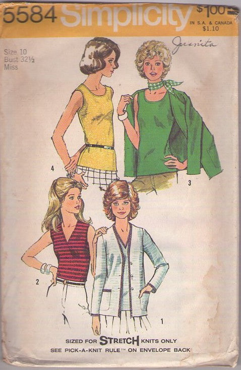 Simplicity 5584 Vintage 70's Sewing Pattern Stretch Knits Tops, Jacket, Scoop or V Neck Tank Top Shirt, Cardigan Sweater Coat, Jacket Size 10