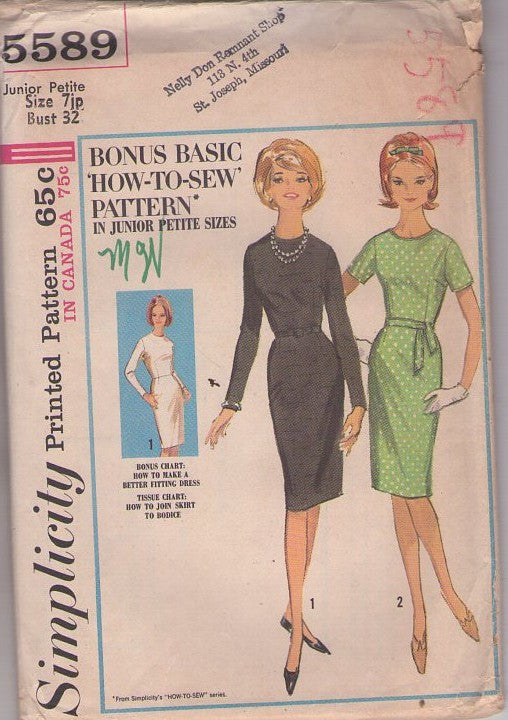 Simplicity 5589 Vintage 60's Sewing Pattern Easy Dress Set, How To Sew, Mad Men Junior Petite Sheath Dress & Tie Belt Size 7JP