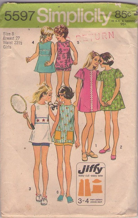 Simplicity 5597 Vintage 70's Sewing Pattern  Girl's Tennis Dress, Easy, Jiffy Blouse, Brady Bunch Look, Flutter Sleeve Mini Dress, Sports Shorts & Top Size 8