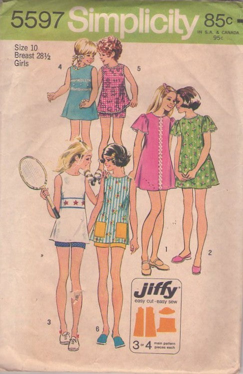 Simplicity 5597 Vintage 70's Sewing Pattern  Girl's Tennis Dress, Easy, Jiffy Blouse, Brady Bunch Look, Flutter Sleeve Mini Dress, Sports Shorts & Top Size 10