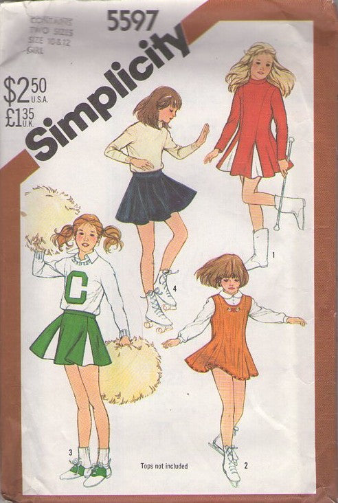 Simplicity 5597 Vintage 80's Sewing Pattern Team Sports Uniforms, Girl's Princess Seams Cheerleader Majorette Dress with Godets, Skating Skirt, Shorts, Costumes Size 10-12