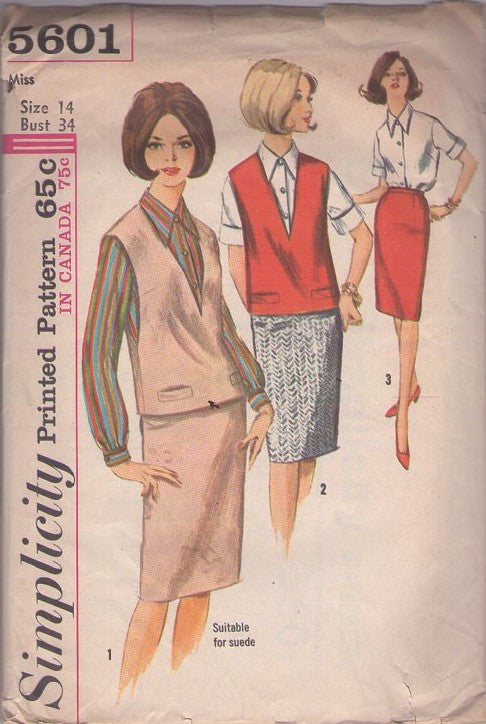 Simplicity 5601 Vintage 60's Sewing Pattern Mod Separates, Secretary, Suitable for SUEDE Deep V Neck Vest Top, Slim Sheath Skirt & Pointed Collar Blouse Size 14