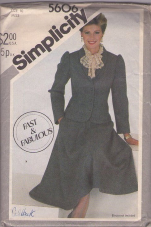 Simplicity 5606 Vintage 80's Sewing Pattern Power Suit, Fast & Fabulous Prairie Look Secretary Suit Dress, Fit Blazer Jacket, Full Flared Skirt with Pockets Size 10 CUT