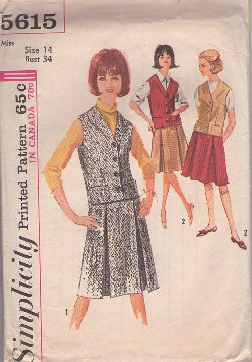 Simplicity 5615 Vintage 60's Sewing Pattern Mod Separates, Secretary Set, V Neck Weskit, Vest Jacket, Inverted Pleats Kilt Skirt Size 14