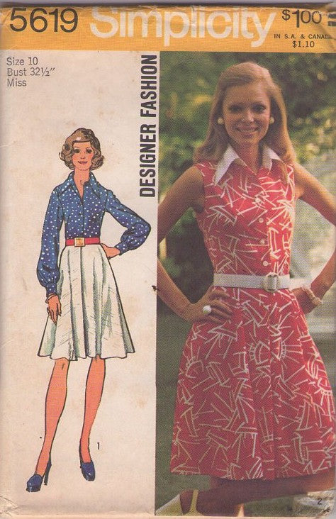 Simplicity 5619 Vintage 70's Sewing Pattern Secretary Dress, Designer Fashion, Shirtwaist Dress, Looks Like 1 or 2 Piece, 2 Styles Size 10