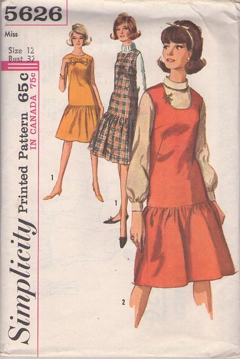 Simplicity 5626 Vintage 60's Sewing Pattern Mod Dresses, Drop Waist Flounced Skirt Jumper, Party Dress, 2 Styles Size 12