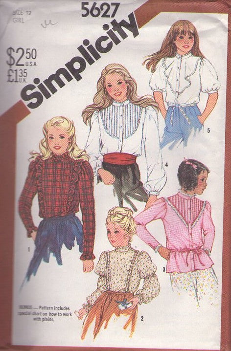 Simplicity 5627 Vintage 80's Sewing Pattern Girl's Blouses, Modest Western Tuxedo Tucks & Ruffles Blouse Set 5 Styles Size 12