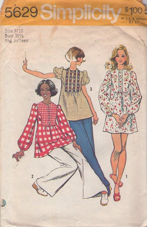 Simplicity 5629 Vintage 70's Sewing Pattern Babydoll Mod Mini Dress, Puff Sleeve Smock Top, Disco Blouse Set Size 15/16