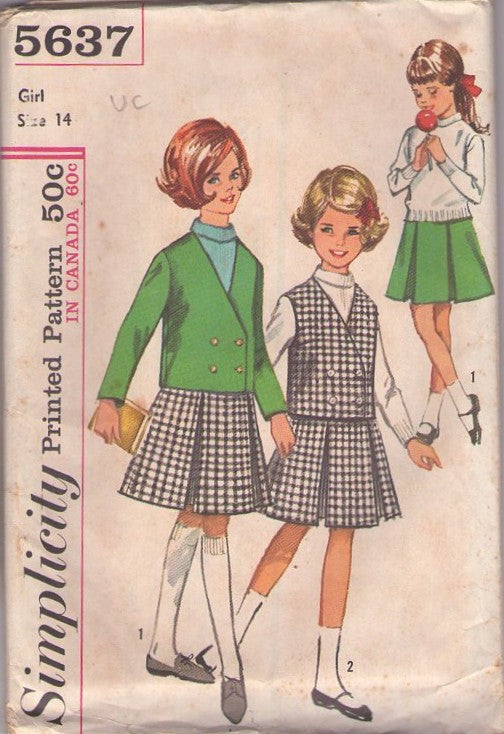 Simplicity 5637 Vintage 60's Sewing Pattern Girl's Separates, Uniform Style Double Breasted Vest, Suit Jacket, Pleated Skirt Size 14