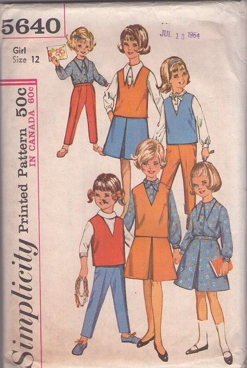 Simplicity 5640 Vintage 60's Sewing Pattern Girl's Separates, HUGE Pointed Collar Blouse, Vestee Top, Inverted Pleat Skirt, Tapered Leg Pants Size 12