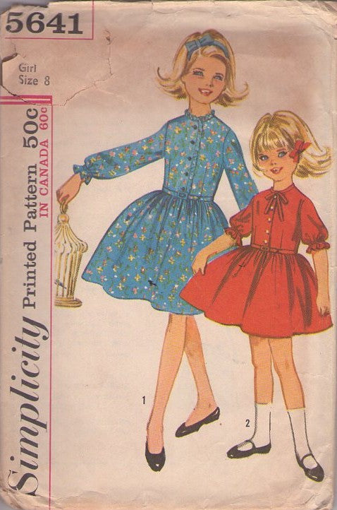 Simplicity 5641 Vintage 60's Sewing Pattern Girl's Dresses, Modest Shirtwaist Flared Full Skirt School Days Dress, 2 Styles Size 8