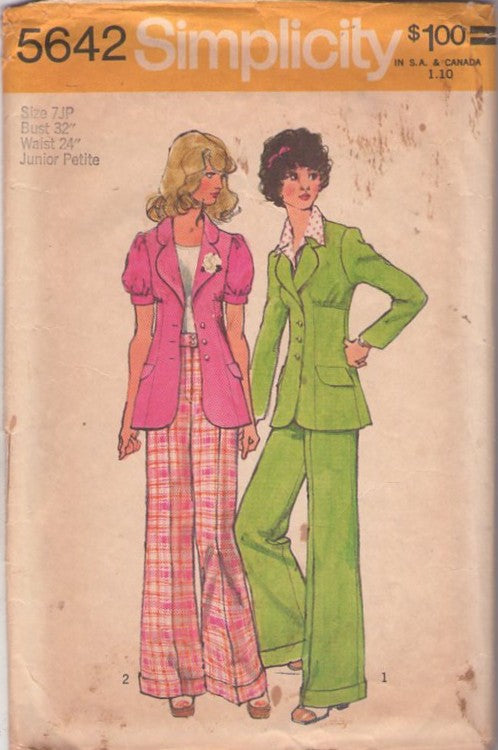 Simplicity 5642 Vintage 70's Sewing Pattern Pantsuits Separates, Annie Hall, Diane Keaton, Fitted Puff Sleeve Suit Jacket, Shirred Bust & Wide Belled Cuffed Pants Size 7JP