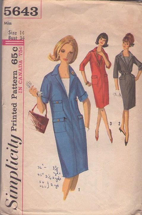 Simplicity 5643 Vintage 60's Sewing Pattern Mod Dress, Mad Men Collared Shift Dress with Vestee, 3 Styles Size 14