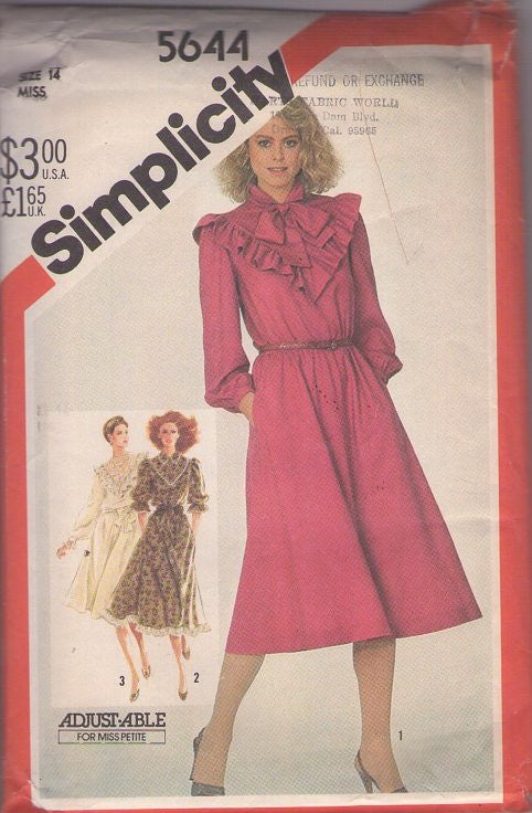 Simplicity 5644 Vintage 80's Sewing Pattern Pullover Dress, Sheer Lace Inset or Ruffle Trim, Flared Skirt Secretary Dress, Gunne Sax Vibes 3 Styles Size 14