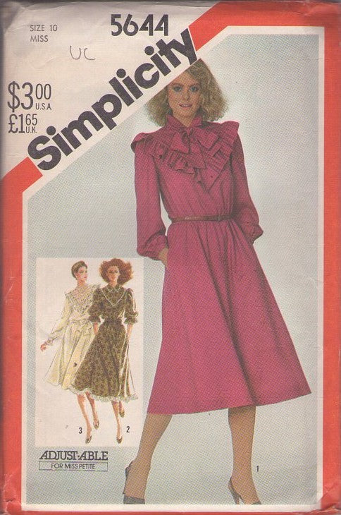 Simplicity 5644 Vintage 80's Sewing Pattern Pullover Dress, Sheer Lace Inset or Ruffle Trim, Flared Skirt Secretary Dress, Gunne Sax Vibes 3 Styles Size 10