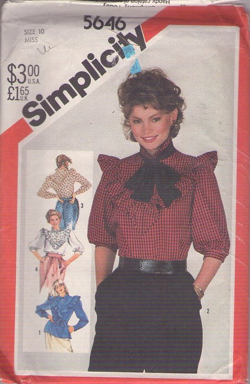 Simplicity 5646 Vintage 80's Sewing Pattern Ruffled Blouse Set, Brat Pack, Cottagecore V Yoked Ruffles Shirts, 4 Styles Size 10