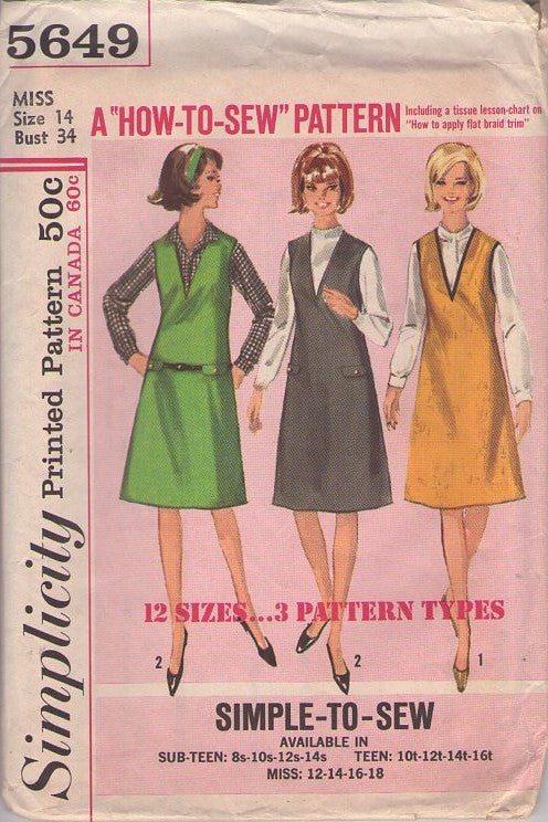 Simplicity 5649 Vintage 60's Sewing Pattern Easy Jumpers, How to Sew Deep Plunging V Neck Secretary Jumper, Dress 2 Styles Size 12