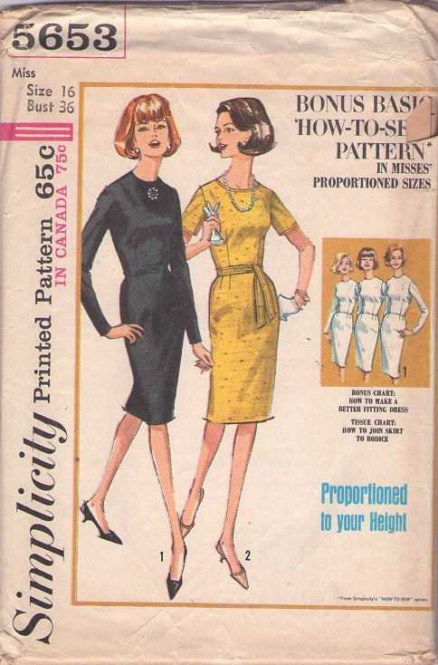 Simplicity 5653 Vintage 60's Sewing Pattern Day Dress, Rockabilly Slim Sheath Wiggle Dress, 3 Proportions Size 16