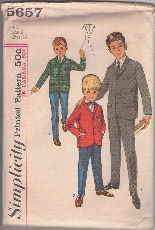 Simplicity 5657 Vintage 60's Sewing Pattern Boys' Suit Separates, Beatles Look Blazer Jacket, Sports Coat, Slim Hipster Trousers Size 6