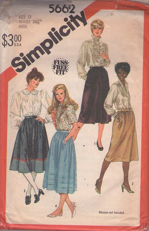 Simplicity 5662 Vintage 80's Sewing Pattern Secretary Skirts, Modest Band Trim, Classic or Prairie Looks 4 Styles Size 12
