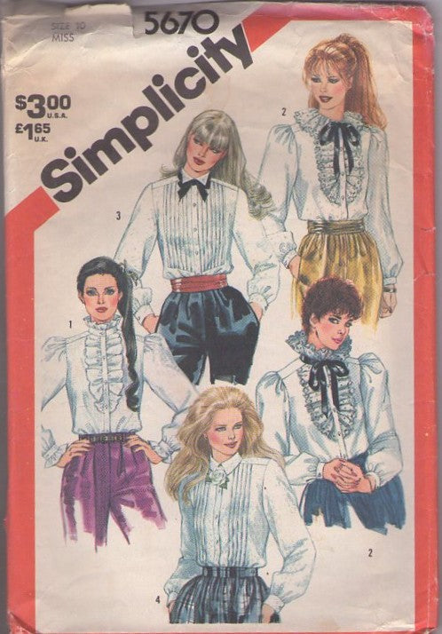 Simplicity 5670 Vintage 80's Sewing Pattern Formal Blouses, Tuxedo Pleats or Ascot Ruffles Blouse Set, 3 Styles Size 10