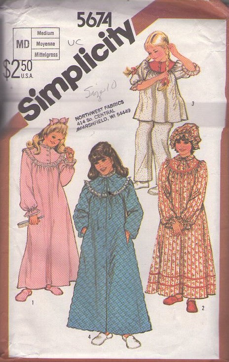 Simplicity 5674 Vintage 80's Sewing Pattern Girl's Sleepwear, Modest Cottagecore Flared Nightgown, Pajamas Smock Top, Pants, Scoop Yoke Robe, Dressing Gown, House Coat Curler Cap Size M