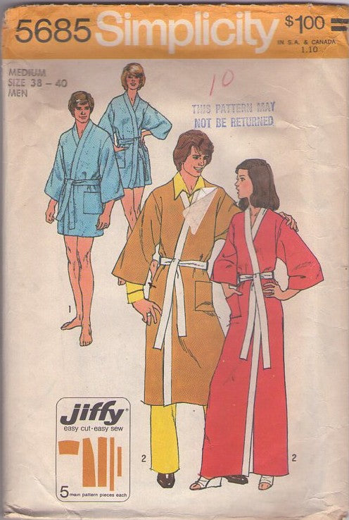 Simplicity 5685 Vintage 70's Sewing Pattern Easy Robes, Mens' & Ladies' Band Trim Short Spa Robe, Karate Style Wrap Around Jiffy Bathrobe Set Size Men's M